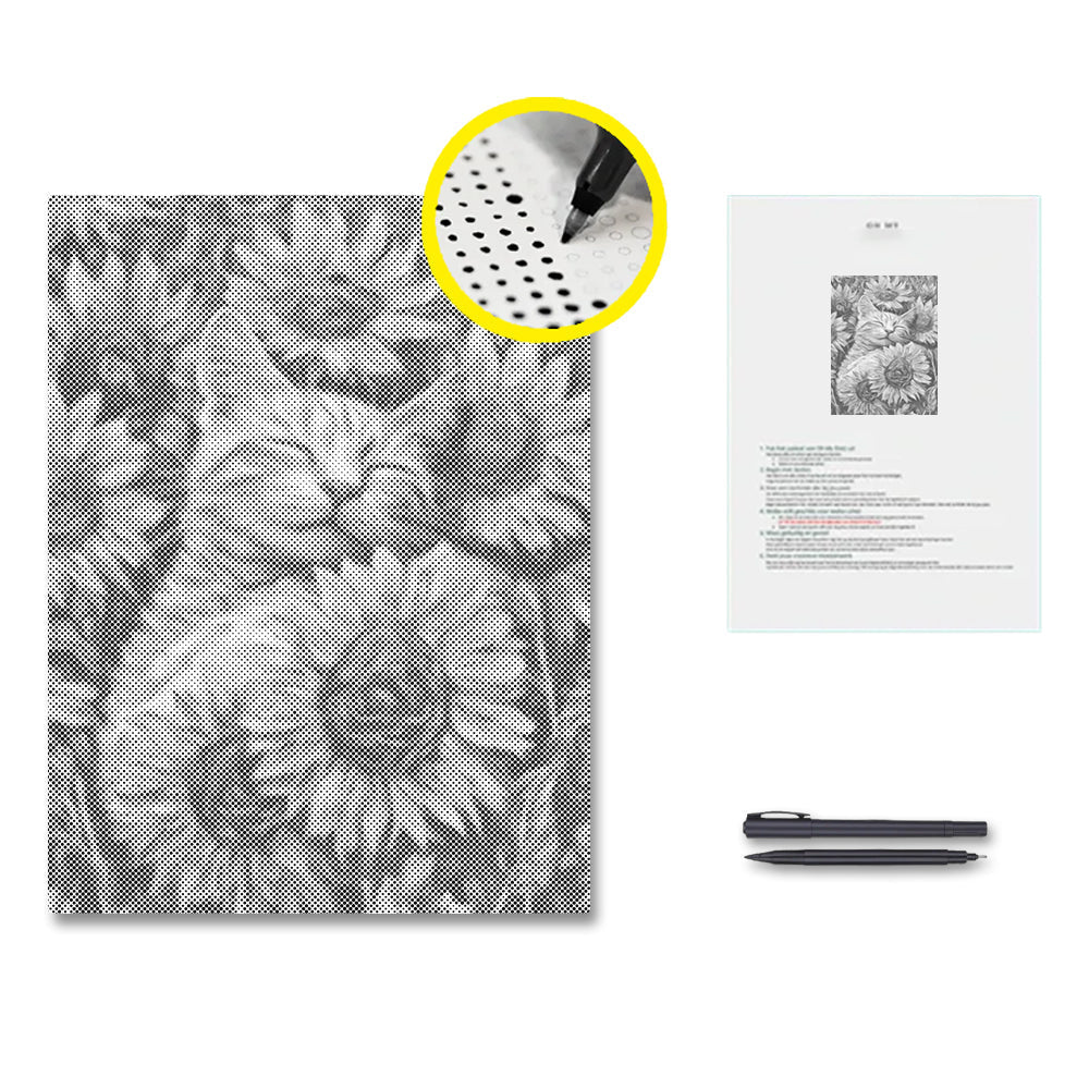 Katze mit Sonnenblumen – Malen mit Punkten