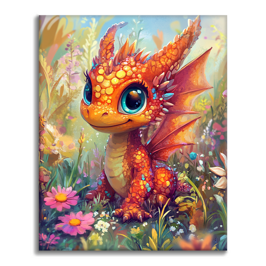 Oranje drakenjong in een bloemenwonderland - schilderen op nummer