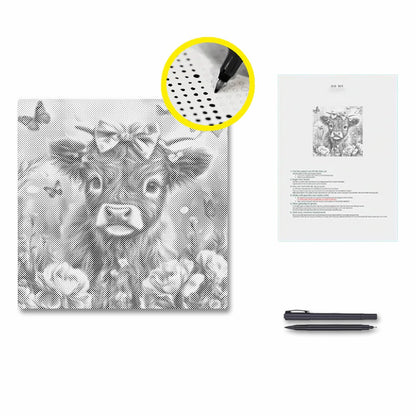 Entzückendes Hochlandkalb mit Blumen – Malen mit Punkten