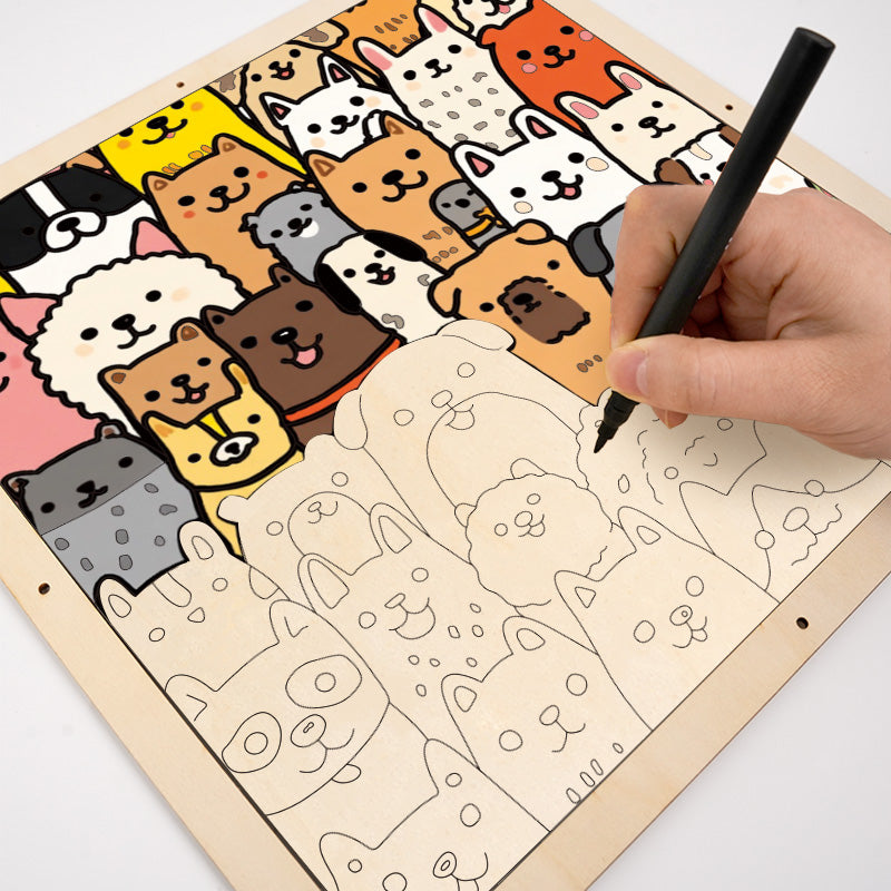 Welpe im Linienstil – Ausmalpuzzle aus Holz