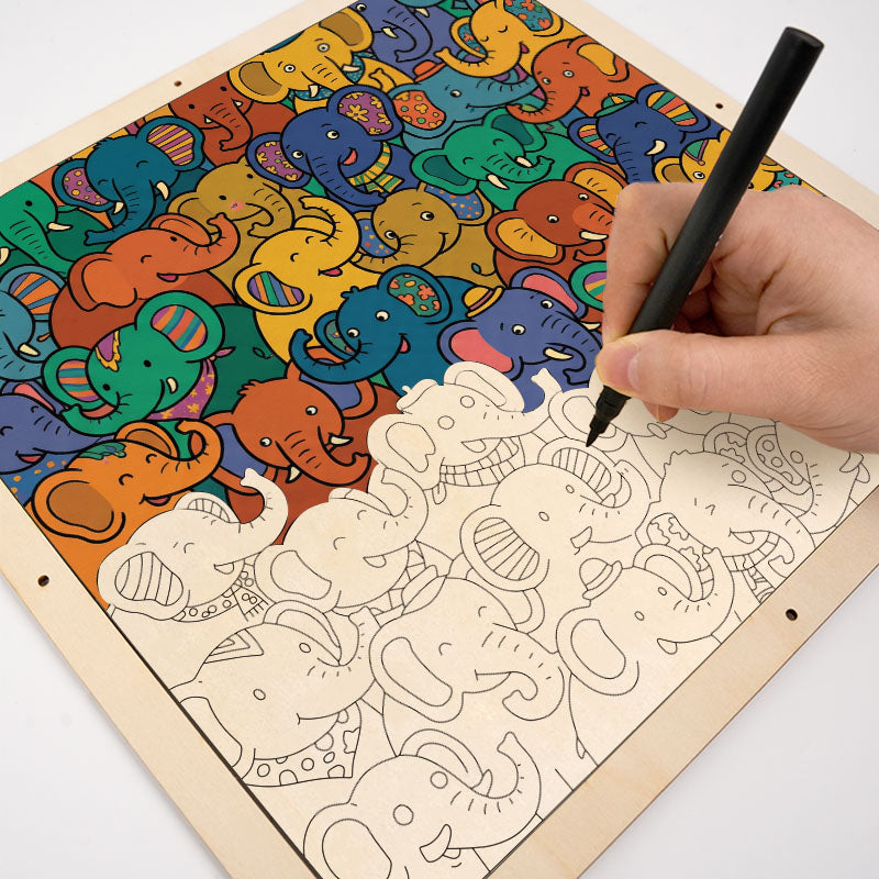 Elefantenparty – Ausmalpuzzle aus Holz