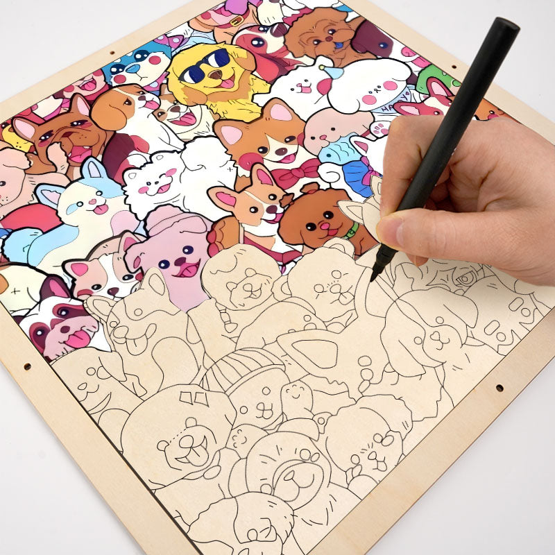 Haustierparty – Ausmalpuzzle aus Holz
