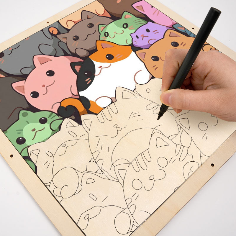 Runde kleine Kätzchen – Ausmalpuzzle aus Holz