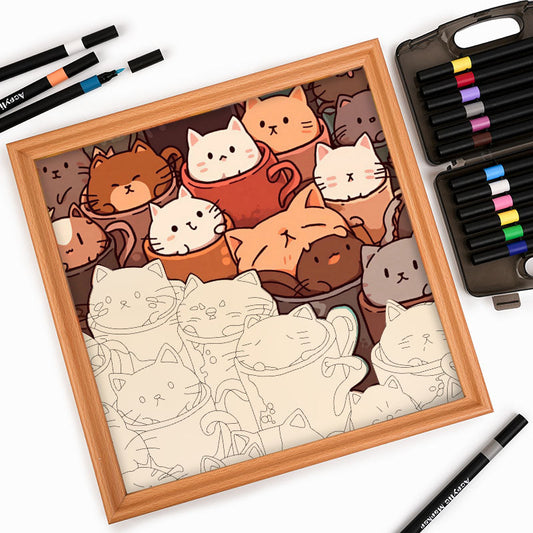 Katzen in Tassen – Ausmalpuzzle aus Holz