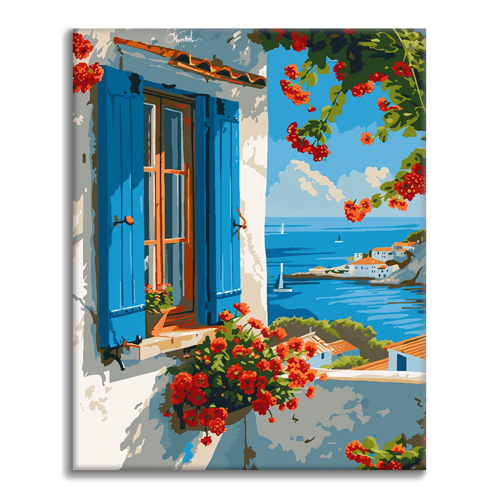 Blaues Fenster am Meer - Malen nach Zahlen