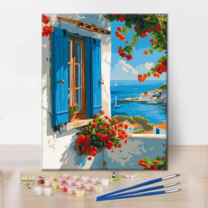 Blaues Fenster am Meer - Malen nach Zahlen