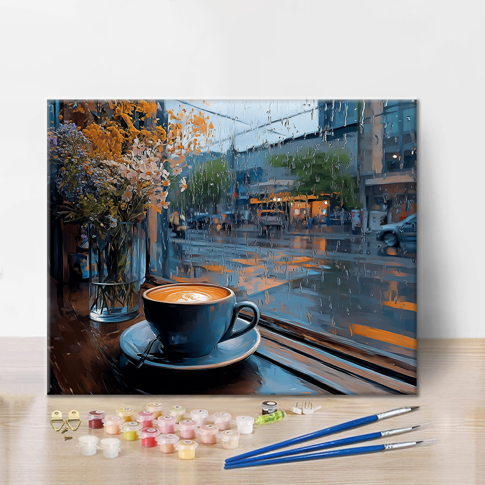 Café an einem Regentag - Malen nach Zahlen