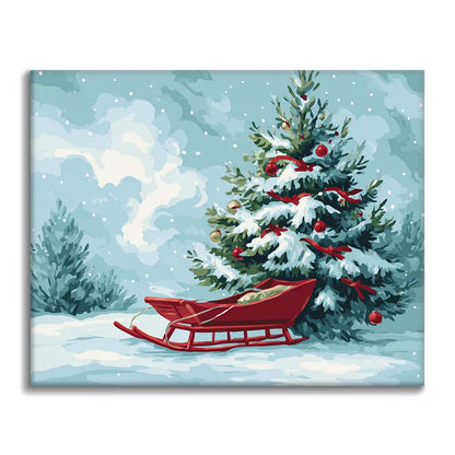 Weihnachtsbaum und Schlitten - Malen nach Zahlen