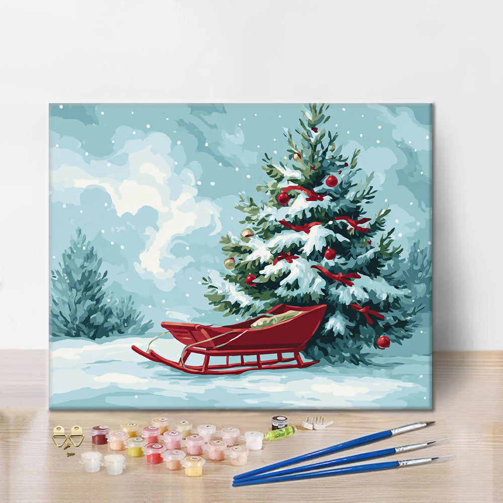 Weihnachtsbaum und Schlitten - Malen nach Zahlen
