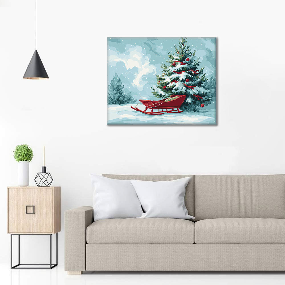 Weihnachtsbaum und Schlitten - Malen nach Zahlen