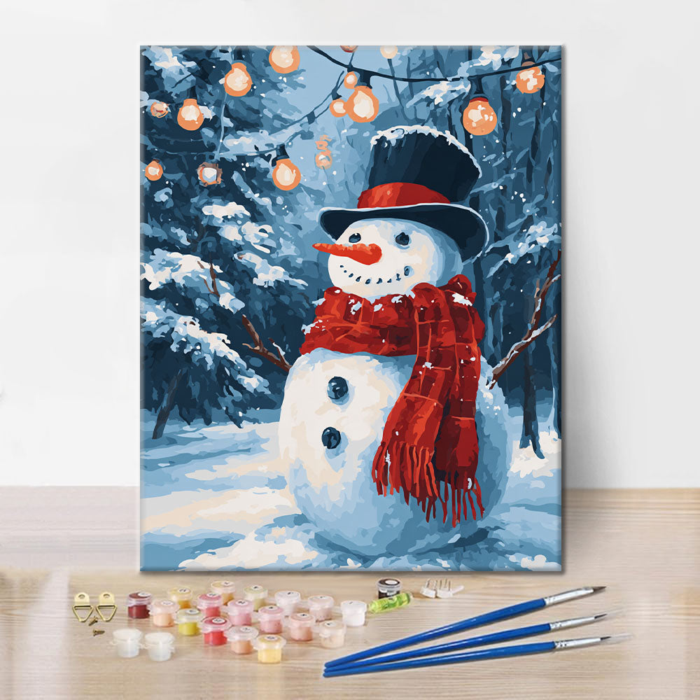 Schneemann mit Weihnachtsbeleuchtung - Malen nach Zahlen