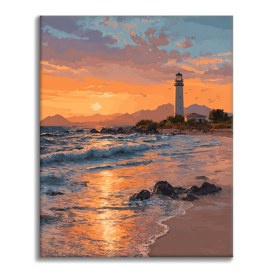 Leuchtturm bei Sonnenuntergang - Malen nach Zahlen