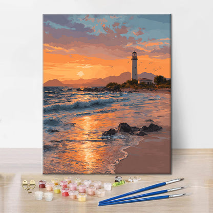 Leuchtturm bei Sonnenuntergang - Malen nach Zahlen