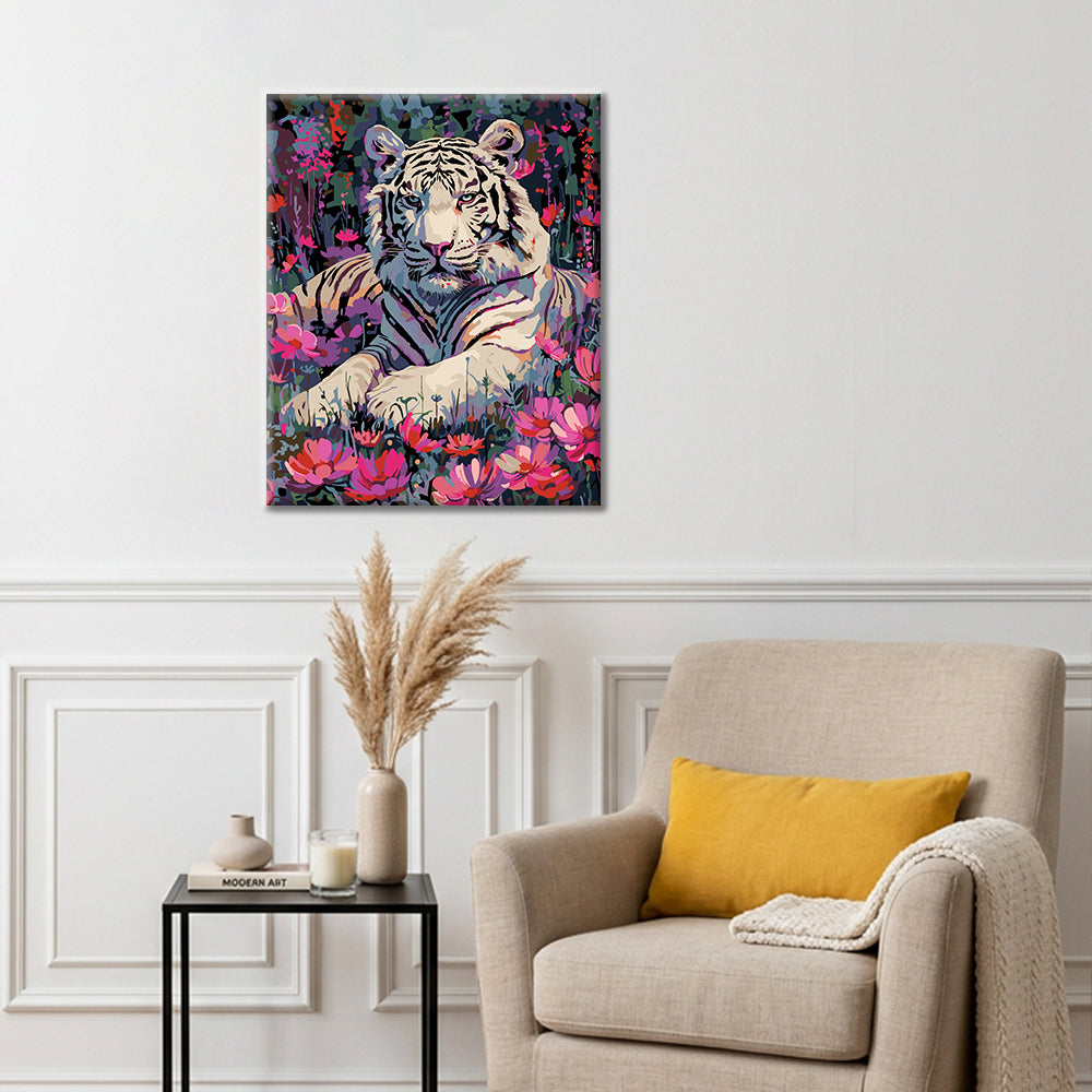 Weißer Tiger und Blumen – Malen nach Zahlen