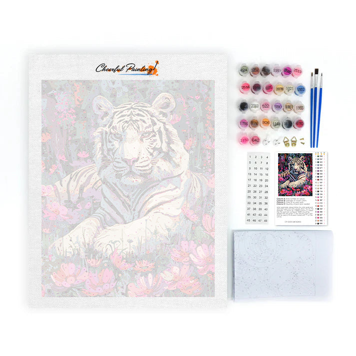 Weißer Tiger und Blumen – Malen nach Zahlen