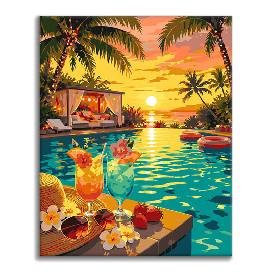 Paradies am Pool bei Sonnenuntergang – Malen nach Zahlen