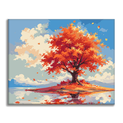 Einsamer Herbstbaum auf dem Wasser – Malen nach Zahlen