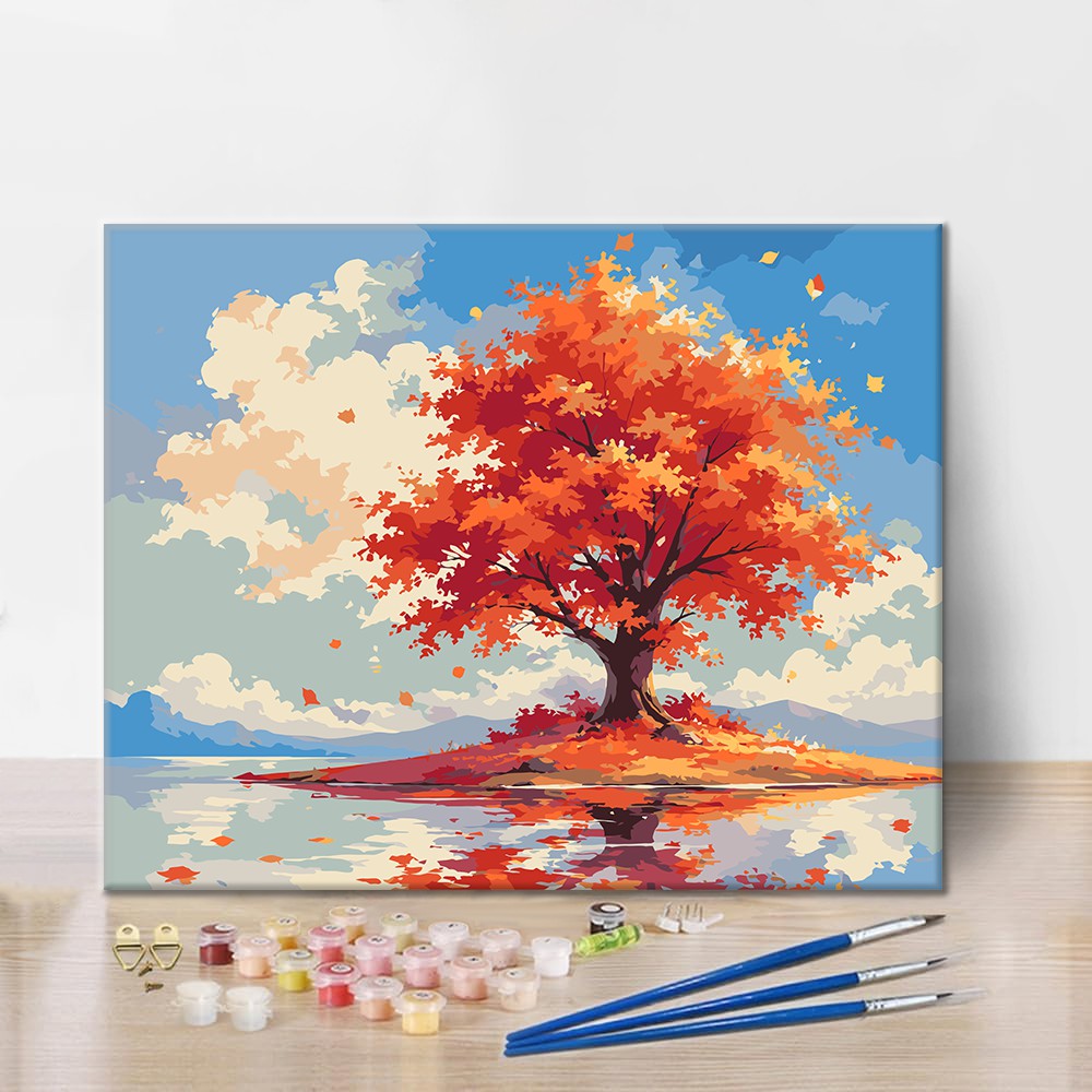 Einsamer Herbstbaum auf dem Wasser – Malen nach Zahlen