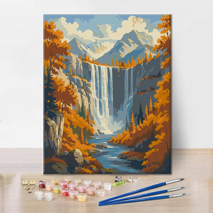 Wasserfall im Herbstgebirge – Malen nach Zahlen