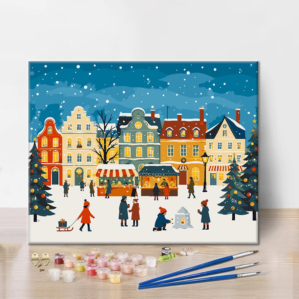 Verschneiter Weihnachtsmarktplatz – Malen nach Zahlen