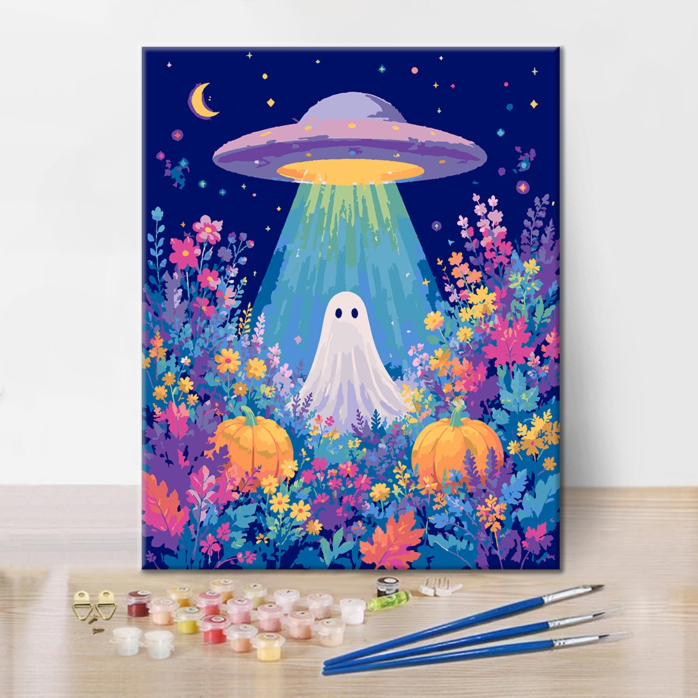 UFO und Geist in einem Blumenfeld – Malen nach Zahlen