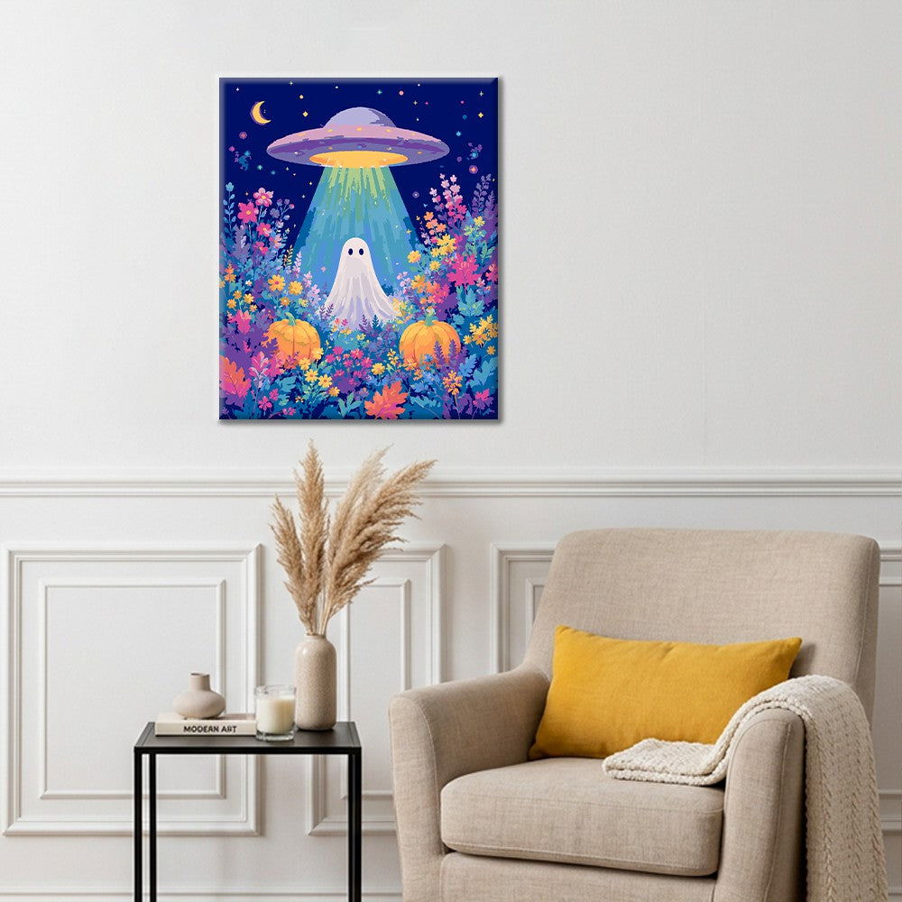 UFO und Geist in einem Blumenfeld – Malen nach Zahlen