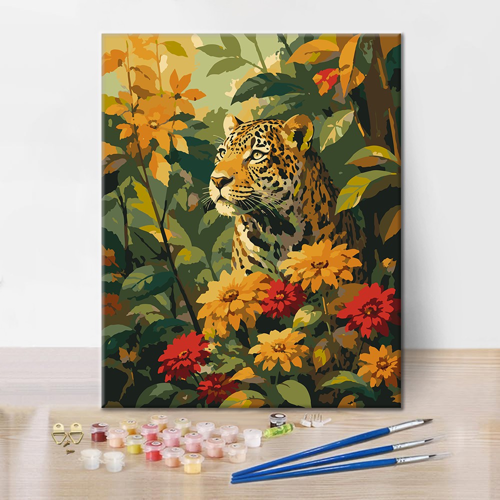 Leopard unter tropischen Blumen – Malen nach Zahlen