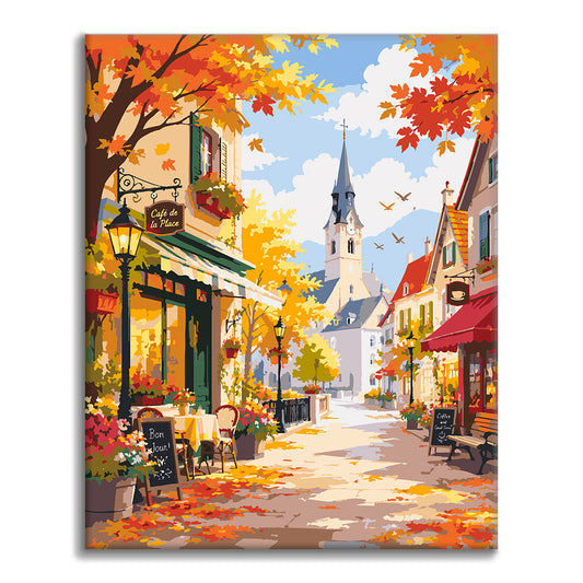 Sunny Autumn Café Street – Malen nach Zahlen
