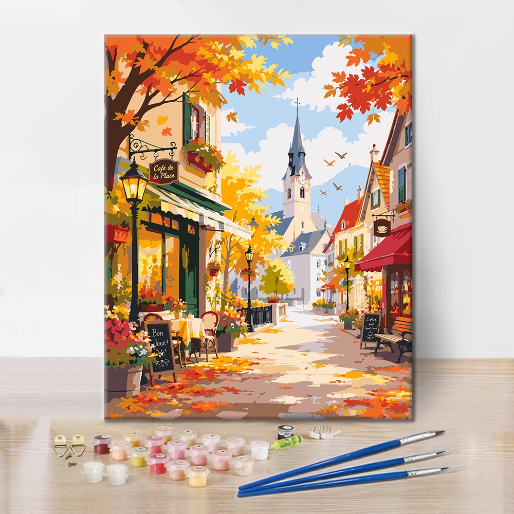 Sunny Autumn Café Street – Malen nach Zahlen