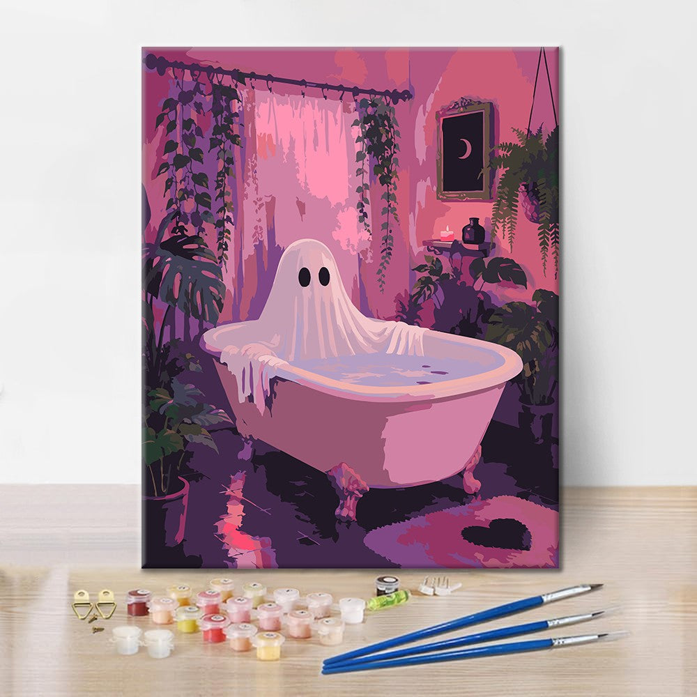 Geist in einer rosa Badewanne – Malen nach Zahlen