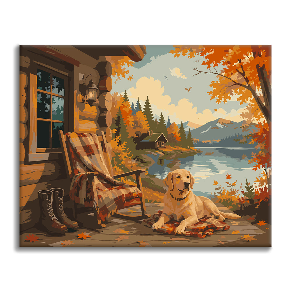 Labrador in einer Herbstkabine am See – Malen nach Zahlen