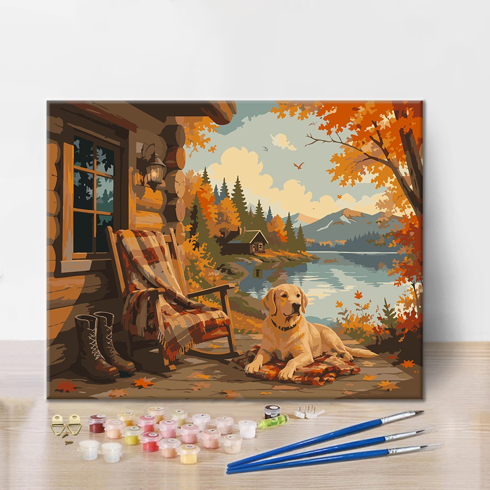 Labrador in einer Herbstkabine am See – Malen nach Zahlen