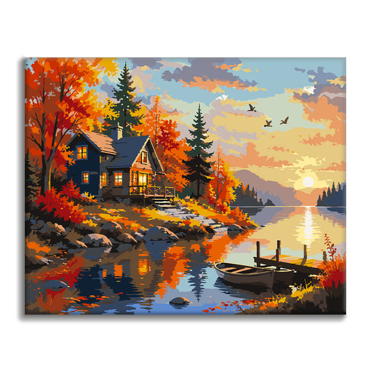 Herbstkabine bei Sonnenuntergang – Malen nach Zahlen