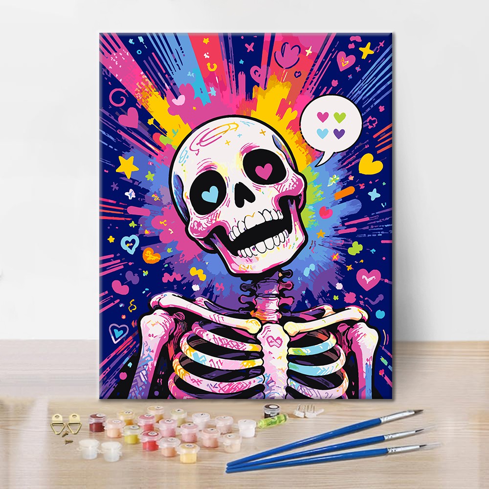 Pop-Art-Skelett mit Herzen – Malen nach Zahlen