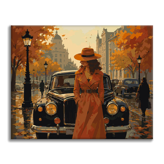 Frau neben einem Oldtimer im Herbst – Malen nach Zahlen