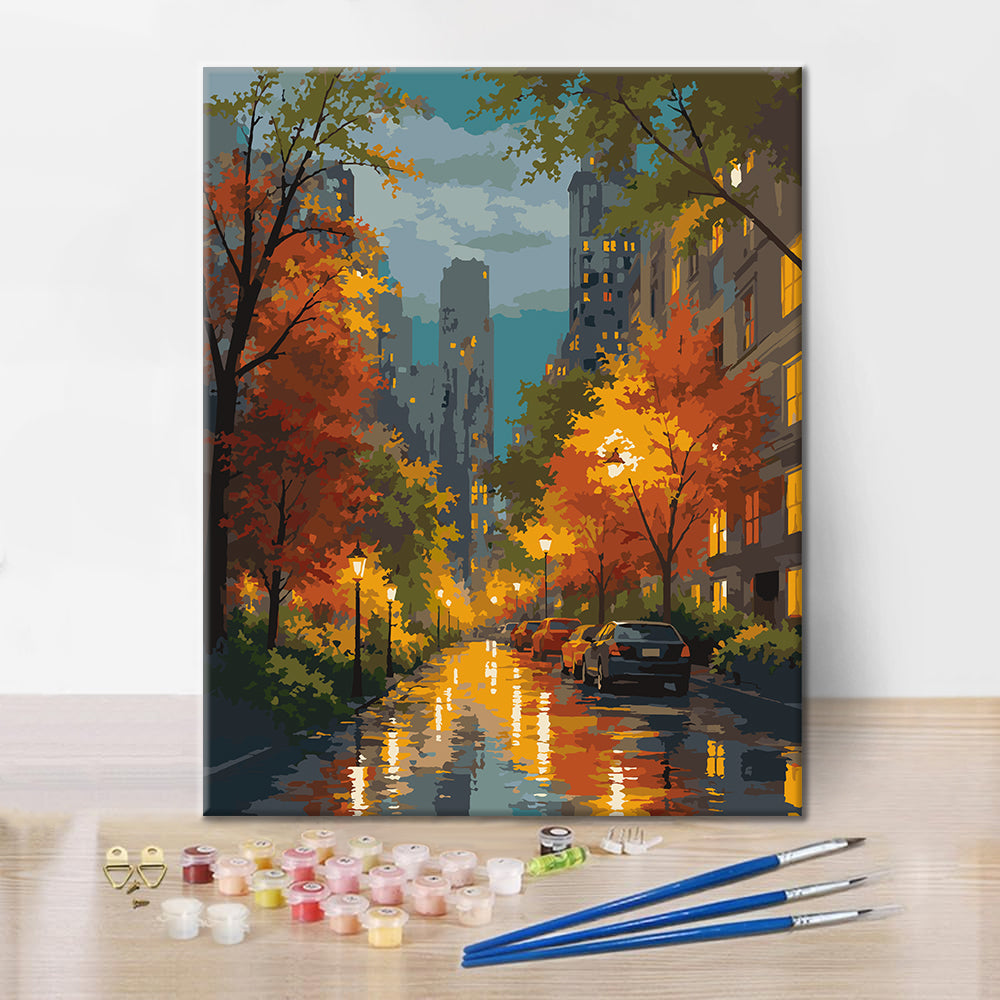 Rainy City Street im Herbst – Malen nach Zahlen