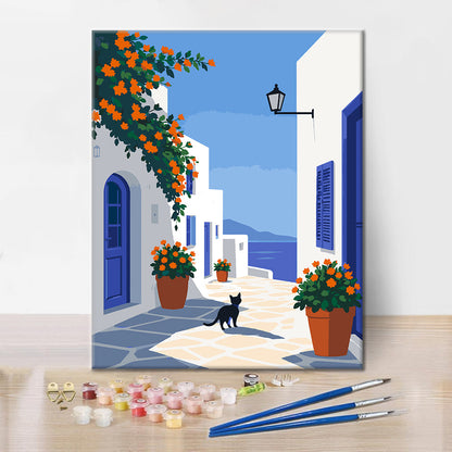 Greek Island Lane mit einer schwarzen Katze – Malen nach Zahlen