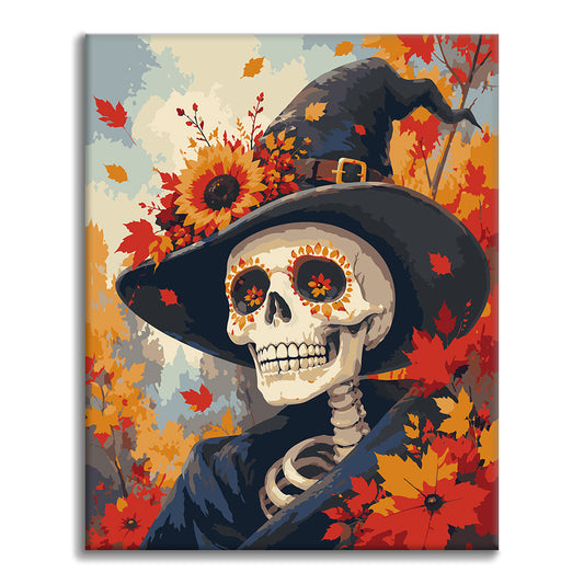 Herbst-Hexenskelett-Porträt – Malen nach Zahlen