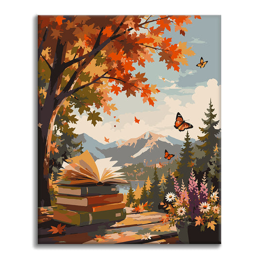 Buch öffnen in den Herbstbergen – Malen nach Zahlen