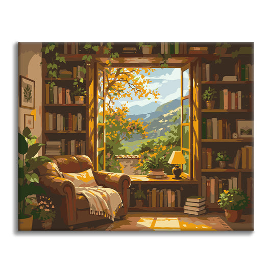Sunlit-Bibliothek mit Blick auf die Berge – Malen nach Zahlen