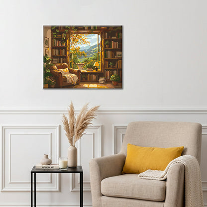 Sunlit-Bibliothek mit Blick auf die Berge – Malen nach Zahlen