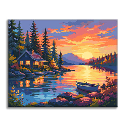 Hütte am See bei Sonnenuntergang – Malen nach Zahlen