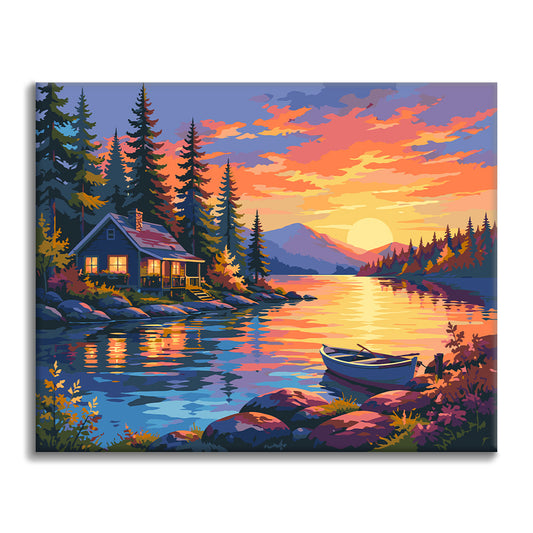 Hütte am See bei Sonnenuntergang – Malen nach Zahlen